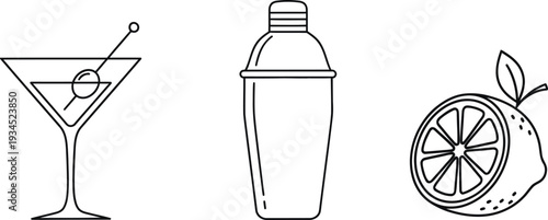 Martini glass cocktail shaker and lemon slice line art vector