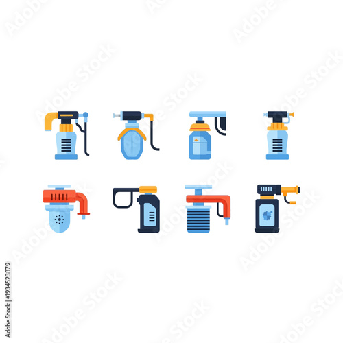 Flat Design Spray Gun Icons Set - Cleaning, Painting & Garden Sprayers