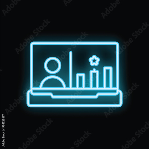 Neon blue icon of a laptop showing customer relationship management crm system