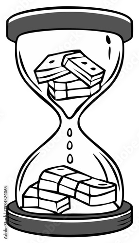 Time is Money Illustration: Stacks of Currency Inside a Classic Hourglass Graphic Design