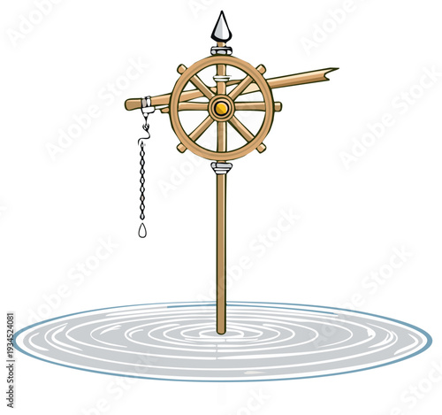 Dharma Wheel Drawing in Circle of Water Cartoon Vector Illustration
