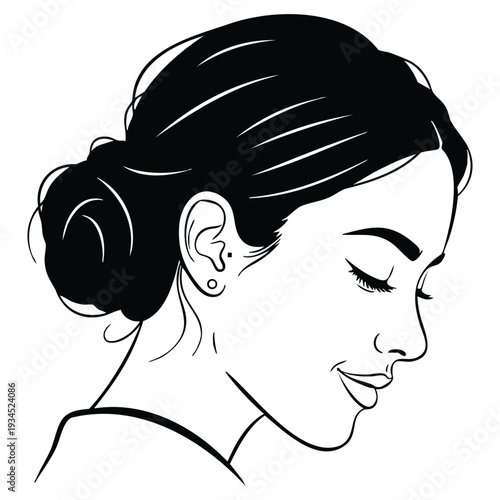 Vector art of a womans face in profile with her hair in a bun, smiling gently with closed eyes