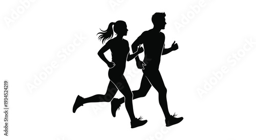 A dynamic depiction of a man and woman running together captured in a striking black silhouette high quality
