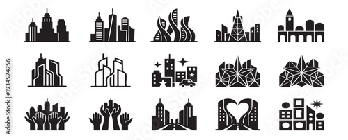 Modern City Skyline Icons – Urban Buildings, Skyscrapers and Smart City Architecture Vector Set
