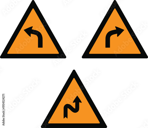 Road signs warning of a bend ahead on the left and right  traffic warning triangular signs