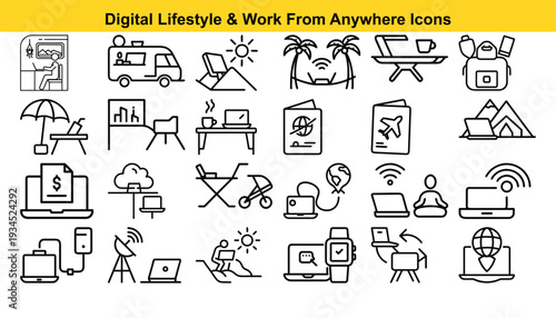 Digital lifestyle and work from anywhere icons, representing modern flexibility and remote work concepts. This illustration is perfect for conveying themes of digital nomadism, freedom.