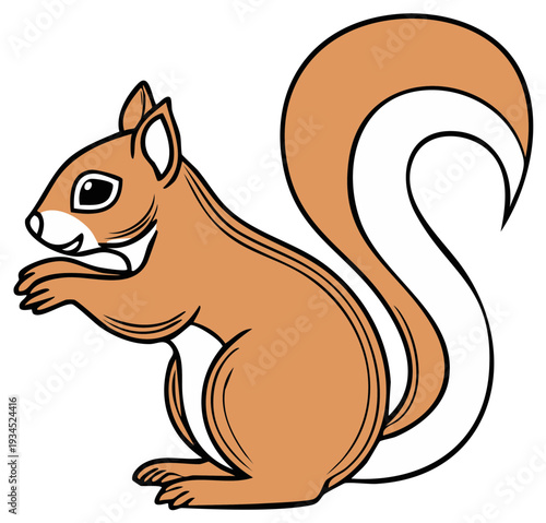 Whimsical illustration of a cute cartoon squirrel with a bushy tail, poised and alert