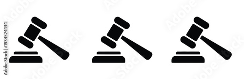 Judge gavel set including detailed wooden court hammer graphics for justice system, legal decision making, courtroom authority and professional law related design applications.