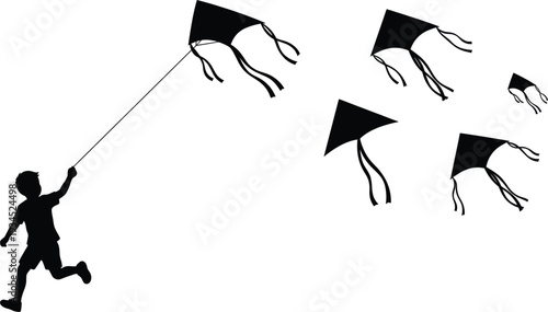 Silhouette of Boy Running and Flying Kites in Sky Black Vector Illustration Childhood Freedom Play Concept Isolated on White Background