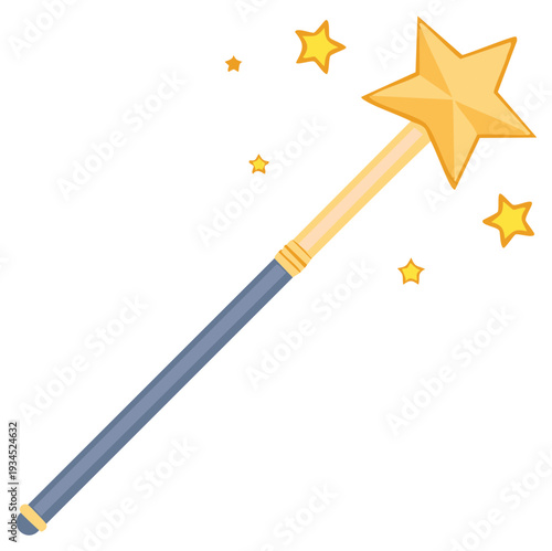 Whimsical Magic Wand with Stars Cartoon Icon Illustration for Children, Magical Dreams and Fairy Tales