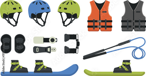 Water sports equipment icon set, helmet life jacket wakeboard boots protective gear flat illustration collection