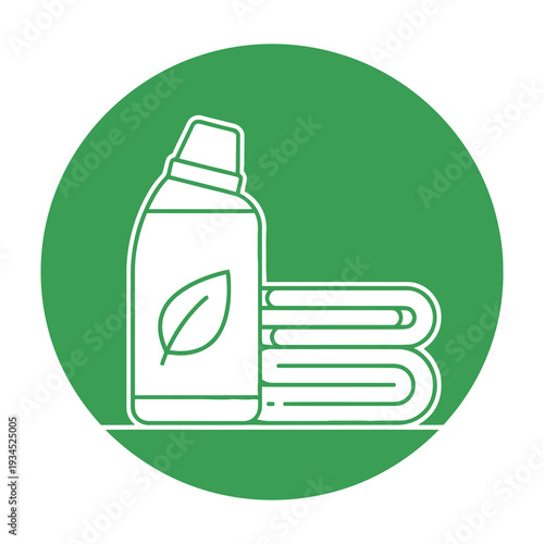 Minimalist eco friendly cleaning solution bottle with rolled cloth towel placed on vibrant green circular background for sustainable home care branding