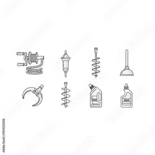 Outline Icons of Plumbing Equipment: Drain Cleaners, Plunger & Tools