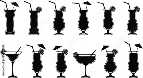 Silhouette cocktail glasses set, tropical drinks icons, bar beverage illustration, party celebration concept, hospitality design, event lifestyle art