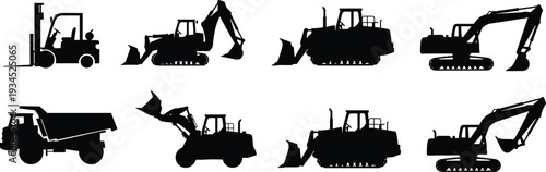 Silhouette construction vehicles set, heavy machinery illustration, industrial equipment icons, bulldozer excavator dump truck forklift design art