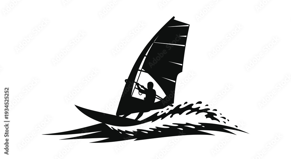 Εκτύπωση καμβά A dynamic black silhouette of a windsurfer riding ocean waves showcasing a thril