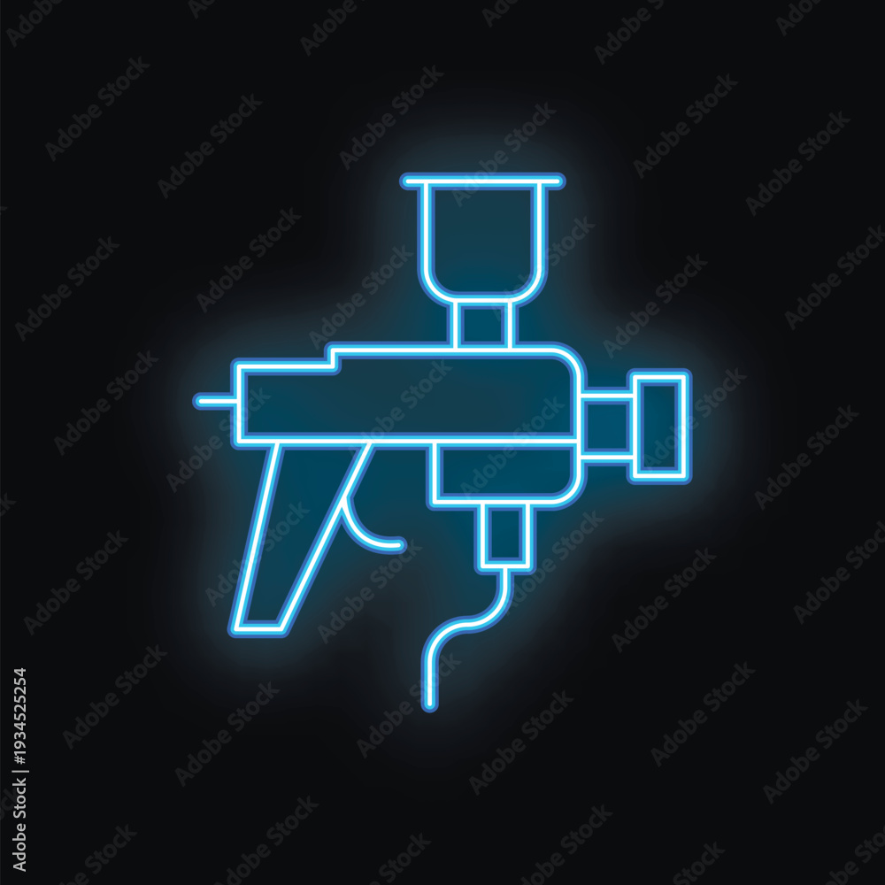 Obraz premium Blue neon icon of a spray gun glowing on a black background