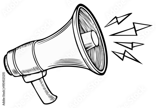 Retro style black and white image of a megaphone with sound waves