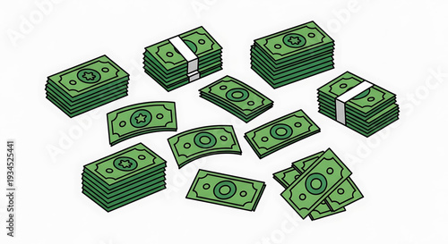 A vector graphic illustration of stacks of money on a white background
