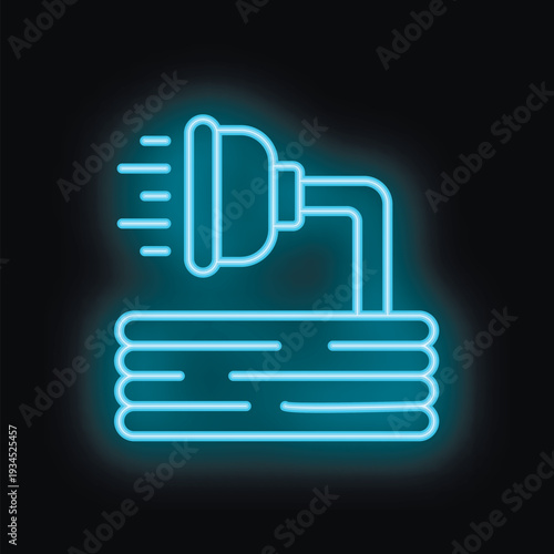 Blue neon icon of a garden hose glowing against a dark background
