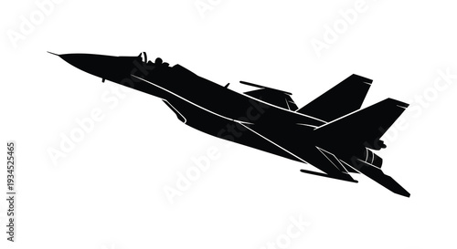 A dynamic black silhouette of a fighter jet in flight angled upwards and showcasing its aerodynamic design silhouette