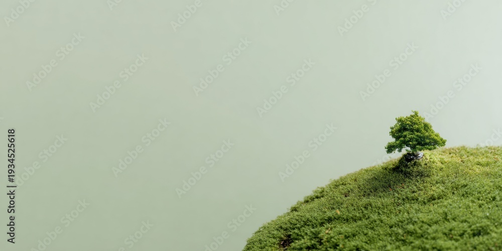 Fototapeta premium Small Green Sapling Growing on Mossy Hill representing sustainable business growth and net zero ecology on a minimalist forest background with copy space for text