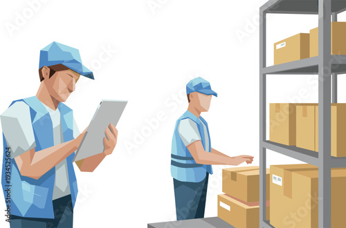 Warehouse workers managing inventory with tablet, logistics staff organizing boxes on storage shelves illustration