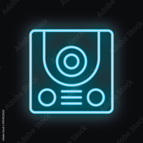 Blue neon icon of an intercom glowing against a black background