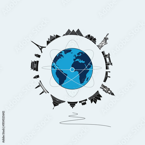 Global Atomic Energy Concept: Earth with Landmarks and Orbiting Atom Model