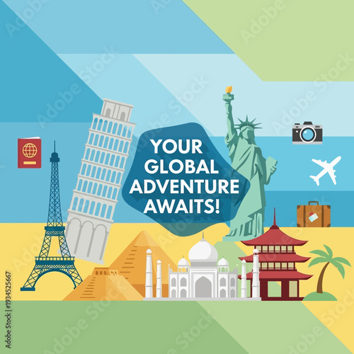 Global Adventure Awaits: Iconic Landmarks Collage with Travel Icons