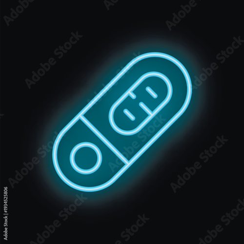 Glowing blue neon usb flash drive icon is depicted on a black background