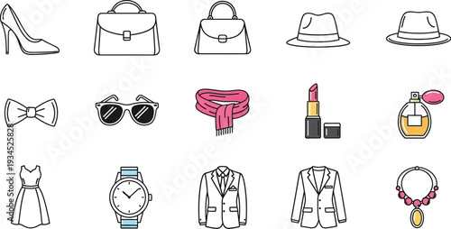 Simple line art icons of fashion accessories and clothing for designers