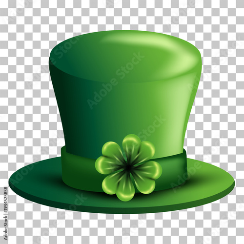 Vibrant green top hat adorned with a four-leaf clover, symbolizing luck and St. Patrick's Day.