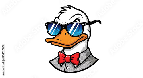 A cartoon duck wearing sunglasses and a bow tie in a vector graphic illustration