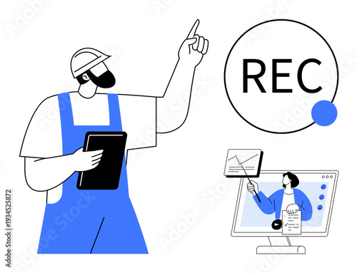 Recording concept. Recording plays a crucial role in sharing data and presentations. Recording aids workers in virtual communication, training sessions, and data sharing. For remote work, education
