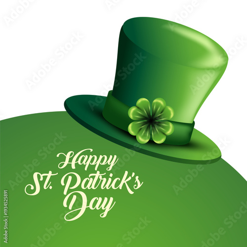 Green top hat adorned with a shamrock, set against a green background with 'Happy St. Patrick's Day' text.