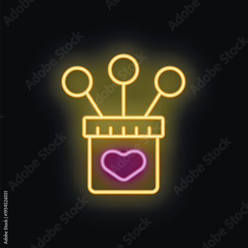 Neon glowing sign of a pin cushion with needles and a heart representing the love of sewing
