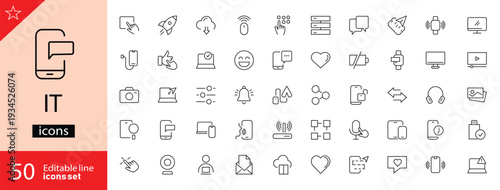 IT icons set. Including cloud computing, IT manager, big data, data analytics, internet, and network security. Editable stroke. Outline icons. Perfect for infographics