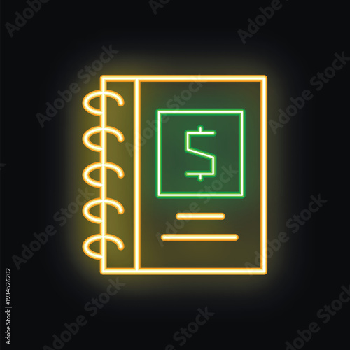 Glowing neon line notebook with dollar symbol icon isolated on black background vector illustration