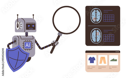 Artificial intelligence, data analysis, e-commerce research, medical diagnostics, technology advancement, cybersecurity. Robot holding magnifying glass near brain scans and online shopping items. AI