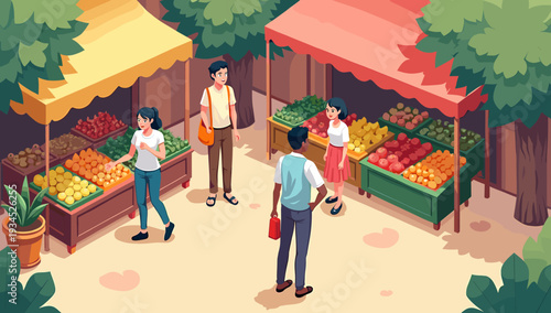 A vibrant illustration of a farmers market stall overflowing with fresh fruits and vegetables. Ideal for content related to healthy eating, local sour