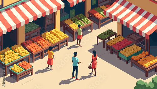A charming, isometric view of fresh produce for sale. Perfect for illustrating local markets, healthy eating, or vibrant food-related content.