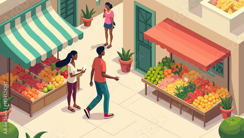 A vividly colored, digitally illustrated fruit stand evokes feelings of abundance and freshness. Ideal for content related to healthy eating, local ma