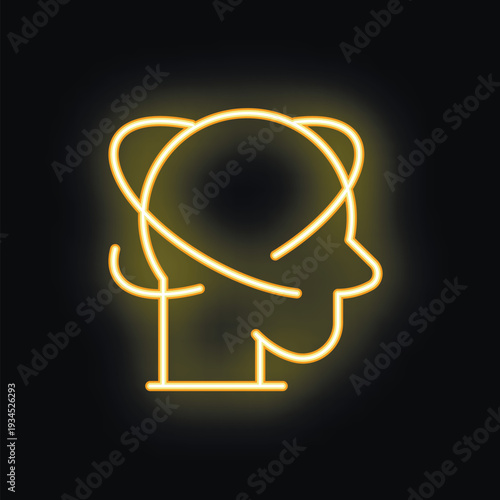 Neon yellow human head with orbiting lines representing thoughts and ideas on black background