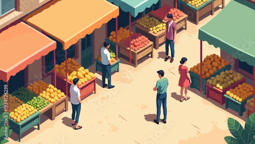 This vibrant illustration depicts a market stall overflowing with fresh fruits. Ideal for representing healthy eating, local markets, or a cheerful, i