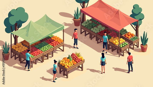A vibrant illustration depicts a person browsing fresh produce at an outdoor farmers market, creating a welcoming and healthy atmosphere perfect for l