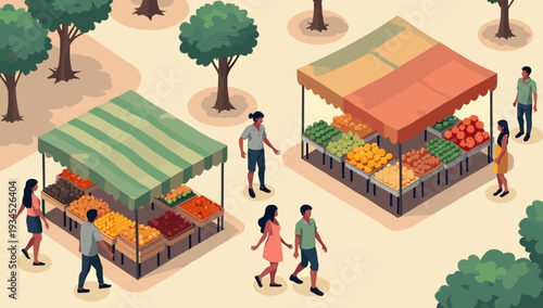 A vibrant illustration of people browsing fresh produce at an outdoor farmers market. Perfect for themes of healthy living, local sourcing, and commun