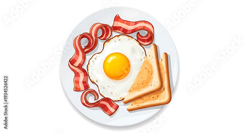 A vector graphic illustration of a delicious breakfast plate with bacon, egg, and toast