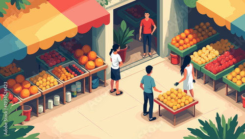 A vibrant illustration of a produce stand overflowing with oranges and clementines. Ideal for conveying freshness, healthy eating, or a farmer's marke