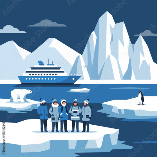 Arctic Expedition: Tourists Observe Polar Bear, Penguin, and Cruise Ship Amidst Icebergs